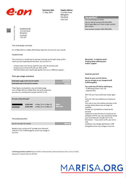 Downloadable United Kingdom E.ON business utility bill template in Word and PDF formats, version 2